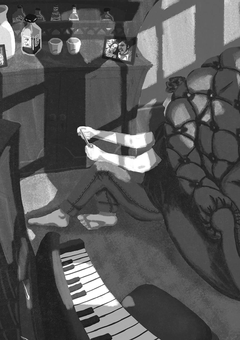 His Place, winner of the Lauren Child Illustration Poetry Prize 2018, a boy ponders over a key in a room dimly lit by sunlight slanting in.